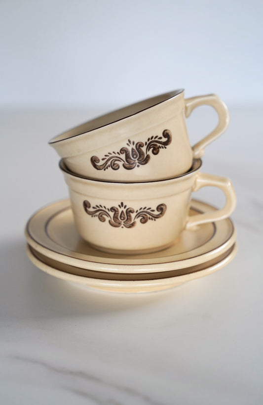 Cream & Brown Vintage Pfaltzgraff Village Tea Cups & Saucers | Set of 2